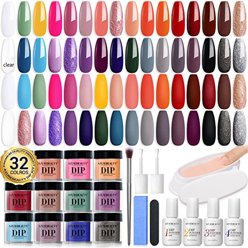 42 Pcs Dip Powder Nail Kit, AZUREBEAUTY All Season Color Series Nail Dipping Powder Starter Kit Dip System with Essential Liquid and Dip Recycling Tray Set for French Nail Art Manicure Salon DIY Home Gift Set