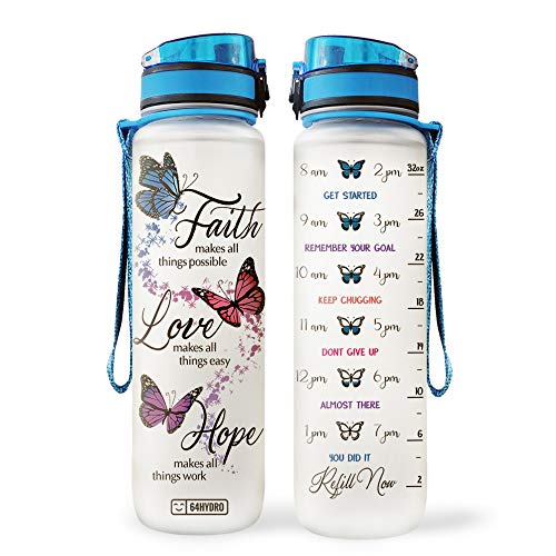 64HYDRO 32oz 1Liter Motivational Water Bottle with Time Marker, Colorful Butterfly Lover Faith Love Hope THK2605003 Water Bottle