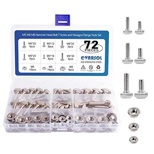 72Pcs M5 M6 M8 Hammer Head Bolt T Screw and M5 M6 M8 Hexagon Flange Nuts Set Carbon Steel Nickel Plated for 20 30 Series European Standard T-Slot Aluminum Profile