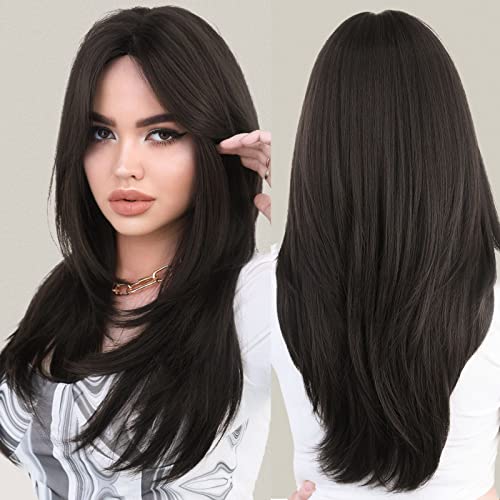 7JHH WIGS Long Natural Black Wig with Bangs Straight Wigs for Women,Heat Resistant Layered Synthetic Wigs for Daily Use