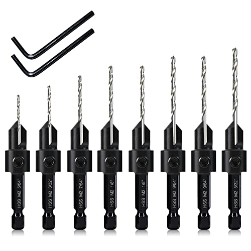 8 Pack Woodworking Countersink Drill Bits Set 3in1, Heavy Duty M2 Pilot Drill Bits Depth Adjustable, 82-Degree Chamfer, 1/4” Hex Shank, for #4#6#8#10#12#14 Screws in Soft & Hard Wood