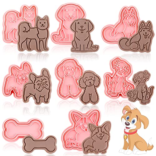 8 Pcs Dog Cookie Cutters with Plunger Stamps Set 3D Puppy Bone Shape Biscuit Cutter Funny Cartoon Cookie Stamps Stamped Embossed Dog Cookie Cutters for Treats DIY Cookie Cake Baking Supplies