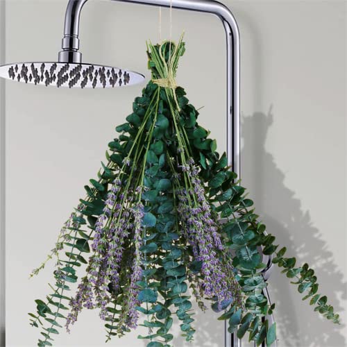 80 Pcs Mix Dried Preserved Eucalyptus & Lavender Flowers Bundles for Shower, 100% Natural 17" Real Fresh Eucalyptus Leaves Stems, Hanging Shower Plant, Home Spa Fragrance Bathroom Decor