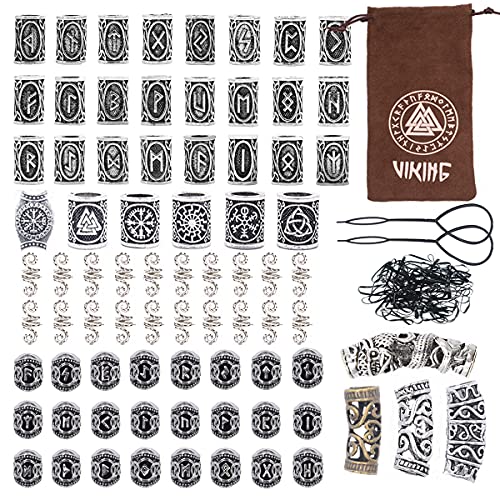 81Pcs Hair Tube Beads Norse Vikings Runes Hair Beard Beads for Bracelets Pendant Necklace DIY,Braiding Beads for Hair Braids Viking Beads Kits(Include 2Pcs Pull Hair Pin & Viking Suede Bag)