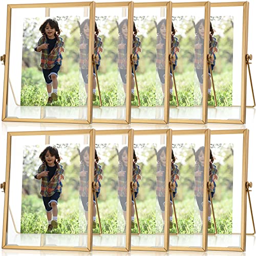 9 Pieces Glass Picture Frame Metal Floating Frame Photo Frame Pressed Glass Photo Frame Vintage Brass Picture Frame Metal Geometric Picture Frame Desk Vertical Frame, 4 x 6 Inch (Gold)