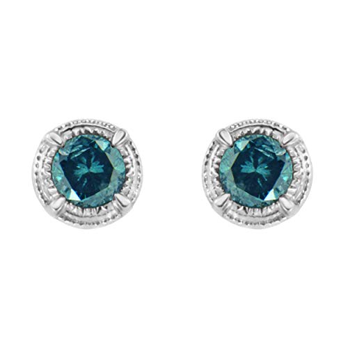 .925 Sterling Silver 1/4 cttw Treated Blue Diamond Modern 4-Prong Solitaire Milgrain Stud Earrings (Blue Color, I1-I2 Clarity)