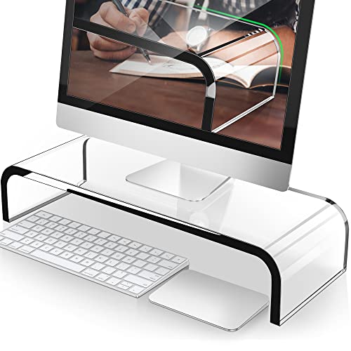 AboveTEK Premium Acrylic Monitor Stand, Large Size Monitor Riser/Clear Computer Stand for Home Office w/Sturdy Platform, Acrylic Desk Stand for Keyboard Storage & Multi-Media Laptop Printer TV Screen