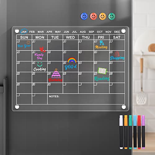 Acrylic Magnetic Dry Erase Calendar Board for Fridge, 16"x12" Clear Monthly Calendar Planner Board for Refrigerator, Reusable Portable Calendar Whiteboard Memo Planning Boards