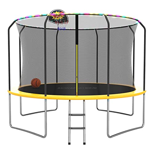 ACWARM HOME Outdoor Trampoline 12 FT Trampoline with Basketball Hoop and LED Light, Trampoline with Lights for Kids and Adults, ASTM Approved, Yellow