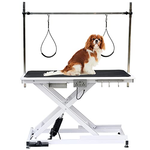 Afqxf Electric Lift Pet Grooming Table, Heavy Duty Professional X-Type Electric Dog Grooming Table for Large Dogs, with Overhead Arm, Clamps and Two Grooming Noose, 50''/ White