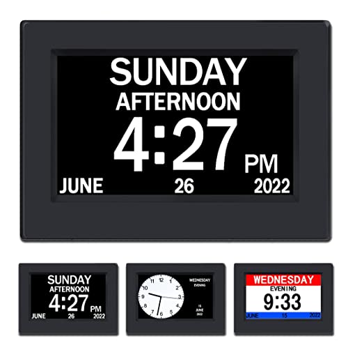 AINFTIME Clock with Day and Date for Elderly-3 Colors Display Digital Calendar Alarm Day Clock Dementia Alzheimers Clock with Extra Large Display (7in Black)