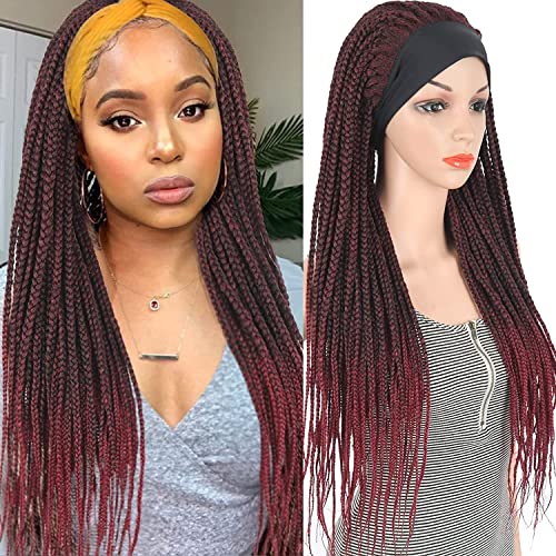 Aisaide Headband Braid Wigs for Black Women Burgundy Box Braided Wig Thick Jumbo Braids Headband Faux Locs Wig Knotless Goddess Braided Wigs for Black Women Ombre Red Box Braid Wig With Headband Jumbo Braid Cornrow Wig with Ice Silk Turban Long Crochettwistwig 30Inch Big Braids