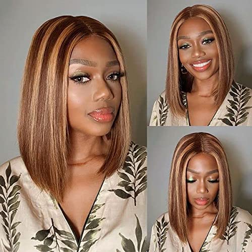 AISI QUEENS Highlight Bob Wigs for Women T Lace Front Hair Synthetic Straight Wigs Honey Blonde Highlights Wigs Heat Resistant for Daily Party Use 12 Inch