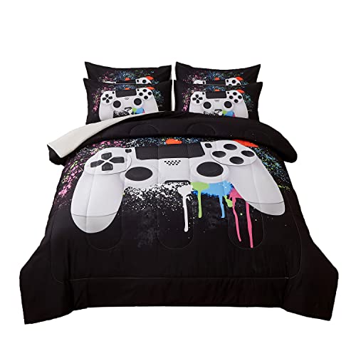 akkialla Gamer Bedding Sets for Boys, Full Size 3-Piece Gaming Comforter Sets for Kids Teens, Soft Microfiber Video Game Bedding Sets for Game Lovers, 1 Comforter and 2 Pillowcase(White,Full)