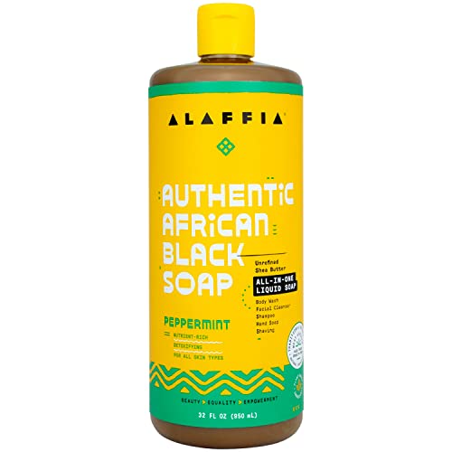 Alaffia Skin Care, Authentic African Black Soap, All in One Liquid Soap, Moisturizing Face Wash, Sensitive Skin Body Wash, Shampoo, Shaving Soap, Shea Butter, Peppermint, 32 Fl Oz