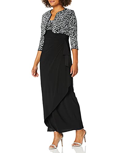 Alex Evenings Women's Empire Waist Dress with Side Ruched Skirt and Jacket (Petite and Regular Sizes), Black/White, 14