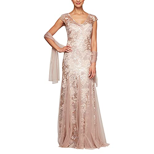 Alex Evenings Women's Long V Neck Fit and Flare Dress with Shawl (Petite Regular), Rose Gold, 12