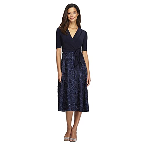 Alex Evenings Women's Tea Length Dress with Rosette Detail (Petite and Regular), Navy Tie Front, 10