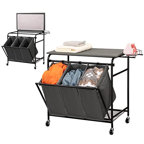 ALIMORDEN Laundry Sorter Cart with Iron Rack and Ironing Board Heavy Duty Side pull 3 Bags Classic Rolling Laundry Hamper Sorter 4 Wheels Dark Grey