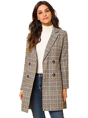 Allegra K Women's Double Breasted Notched Lapel Plaid Trench Blazer Coat Medium Brown