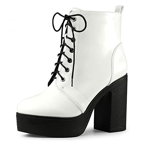 Allegra K Women's Platform Chunky High Heel Lace Up White Combat Boots - 7.5 M US