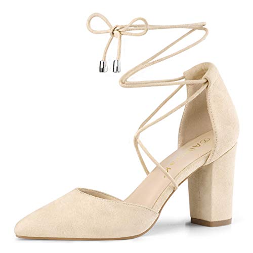 Allegra K Women's Pointed Toe Chunky Heels Lace Up Beige Sandals Pumps - 7.5 M US