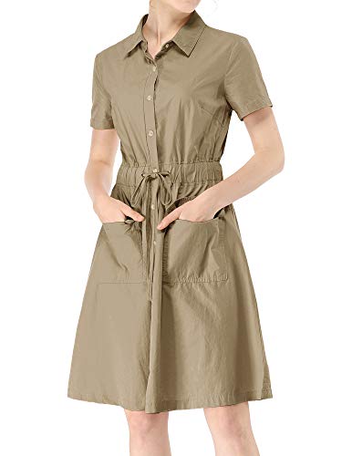 Allegra K Women's Safari Dresses Cotton Button Down Collar Shirtdress Small Dark Khaki