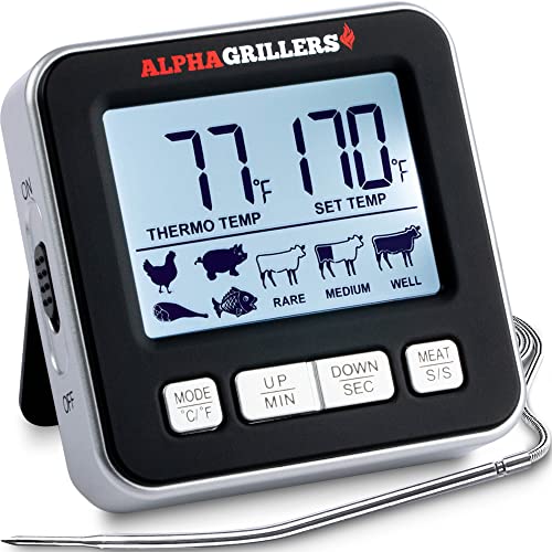 Alpha Grillers Food & Meat Thermometer for Oven w/Temperature Probe, Leave in Digital Oven Thermometer for Cooking in The Kitchen & Grilling with 7 Preset Temperatures & Timer