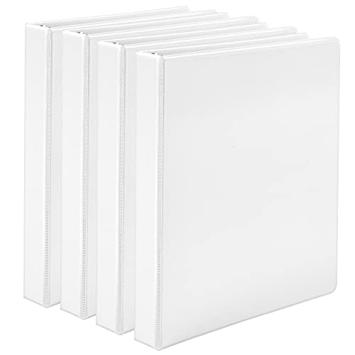 Amazon Basics 3 Ring Binder with 1 Inch D-Ring and Clear Overlay, White, Pack of 4