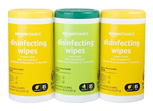 Amazon Basics Disinfecting Wipes, Lemon Scent & Fresh Scent, Sanitizes/Cleans/Disinfects/Deodorizes, 85 Count: Pack of 3 (Previously Solimo) (Packaging May Vary)