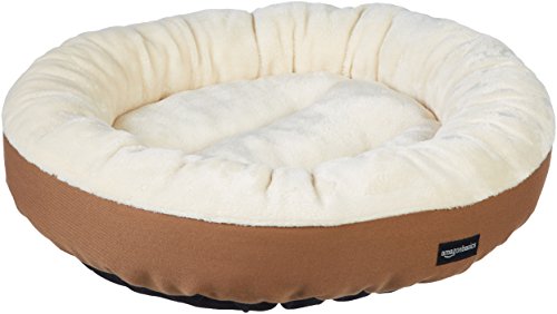 Amazon Basics Round Bolster Pet Bed with Flannel Top, 20-Inch, Brown and Ivory