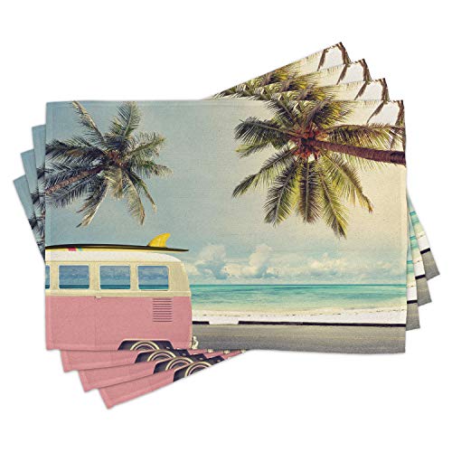 Ambesonne Surf Place Mats Set of 4, Minivan The Beach Retro Inspired Vacation Clouds in Summer Sky Honeymoon Destination, Washable Fabric Placemats for Dining Table, Standard Size, Blue Blush