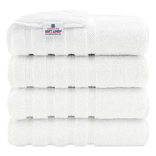 American Soft Linen Luxury 4 Piece Bath Towel Set, 100% Turkish Cotton Bath Towels for Bathroom, 27x54 in Extra Large Bath Towels 4-Pack, Bathroom Shower Towels, White Bath Towels