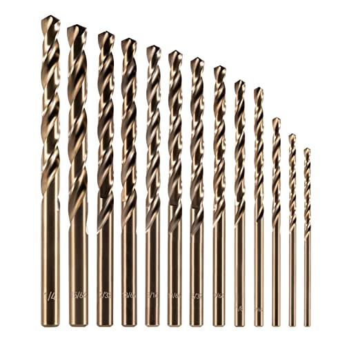 amoolo Cobalt Drill Bit Set (1/16"-1/4",13 Pcs), M35 HSS Metal Drill Bits for Steel, Stainless Steel, Hard Metal, Cast Iron, Plastic and Wood