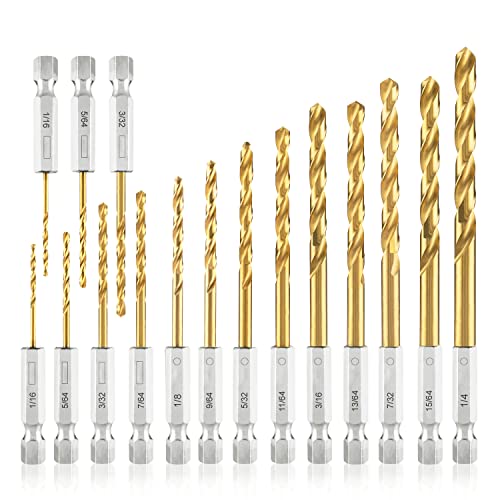 amoolo Impact Drill Bit Set, 16pcs Titanium HSS Twist Hex Shank Drill Bit Set for Metal, Steel, Wood, Plastic, Quick Change Design (1/16”-1/4”)