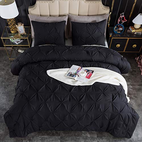Andency Black Pinch Pleat Comforter Full(79x90Inch), 3 Pieces(1 Pintuck Comforter and 2 Pillowcases) Pintuck Comforter Set, Microfiber Down Alternative Comforter All Season Bedding Set