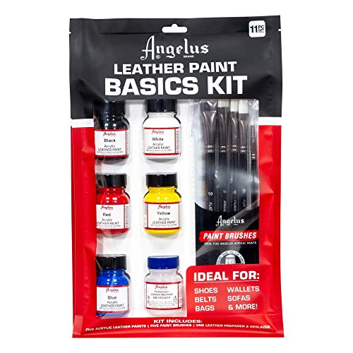 Angelus Leather Paint Kit- Basics Starter Kit Includes 5 Paints, Preparer Deglazer, & 5 Piece Paint Brush Set