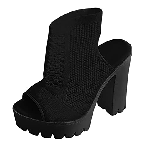 Aniywn Women's Open Toe Platform Boots Chunky High Heel Pull on Ankle Booties Slingback Breathable Block High Heel Boots Black