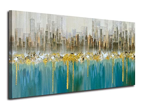 Ardemy Teal Abstract Cityscape Canvas Wall Art Modern Skyline Gold Painting Blue Grey Textured Large Size 40"x20" Picture Turquoise Artwork Framed for Living Room Bedroom Bathroom Home Office Wall Decor