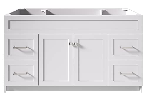 ARIEL 60" Inch White Single Bathroom Vanity Base Cabinet | 2 Soft-Closing Doors & 4 Full Extension Dovetail Drawers | 2 Enclosed Storage Shelves | Built-in Toe Kick | Satin Nickel