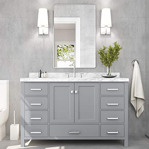 ARIEL Bathroom Vanity 55" Inch with Carrara White Marble Countertop and Rectangle Sink in Gray | 2 Soft Closing Doors | 9 Full Extension Dovetail Drawers | with Backsplash | No Mirror