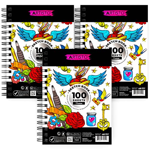 Artisto 5.5X8.5” Premium Sketch Book Set, Pack of 3 (300 Sheets), 84lb (125g/m2), Spiral Bound, Acid-Free Drawing Paper, Perfect for Most Dry Media, Ideal for Kids, Teens & Adults.