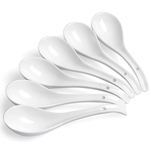 Asian Soup Spoons Ceramic, 6.75 Inch Large Chinese Soup Spoons Set, Ramen Spoons White Japanese Soup Spoon for Wonton Pho Dumpling, Big Scoop & Hook Design, Dishwasher Safe, Set of 6