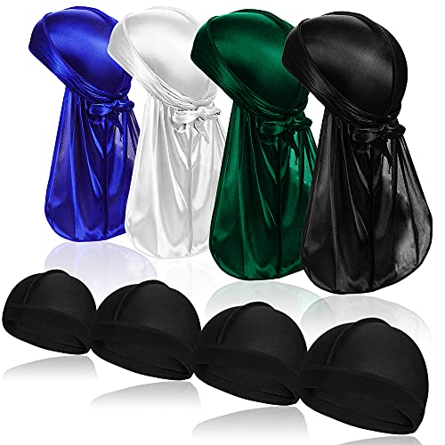 ASKNOTO 4 Pcs Silky Men Durag Headwraps with Long Tail and 4 Pcs Silk Wave Cap Perfect for 360 Waves