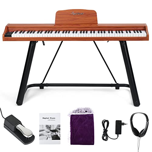 Asmuse 88-Key Full Size Digital Piano, Electronic Keyboard Set With Semi Weighted Keys, Stand, Sustain Pedal, Built-In Speakers, Power Supply (Brown)