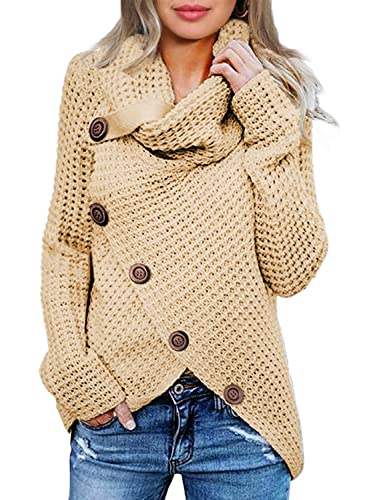 Asvivid Solid Button Cowl Neck Chunky Sweaters for Women Lightweight Asymmetrical Sweater Casual Loose Wrap Sweater Beige Sweater Tops L