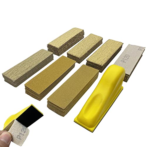 AutKerige Micro Detail Sander with 70PCS Sandpaper-Grit 40 60 80 120 180 240 320, 3.5”x 1” Mini Sander Kit with Hook and Loop Sanding Strips for Craft, Wood and Small Space Polish Sanding Works