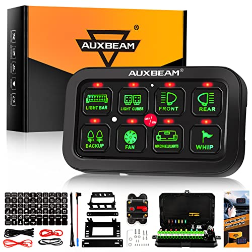 Auxbeam 8 Gang Switch Panel GA80, Universal Circuit Control Relay System Box with Automatic Dimmable On-Off LED Switch Pod Touch Switch Box for Car Pickup Truck Boat UTV SUV, Green 2 Year Warranty