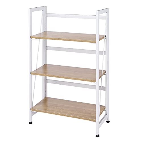 AZL1 Life Concept Accent Utility No-Assembly Folding Bookshelf Storage Shelves 3 Tiers Vintage Bookcase Standing Racks Study Organizer Home Office, Natural