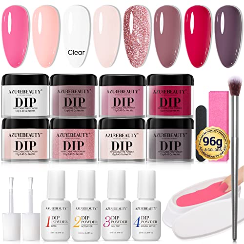 AZUREBEAUTY 18Pcs Dip Powder Nail Kit Starter, 8 Colors Clear Nude Pink Glitter All Season Acrylic Dipping Powder System Essential Professional Liquid Set with Top/Base Coat for French Nail Art Manicure DIY Salon Women